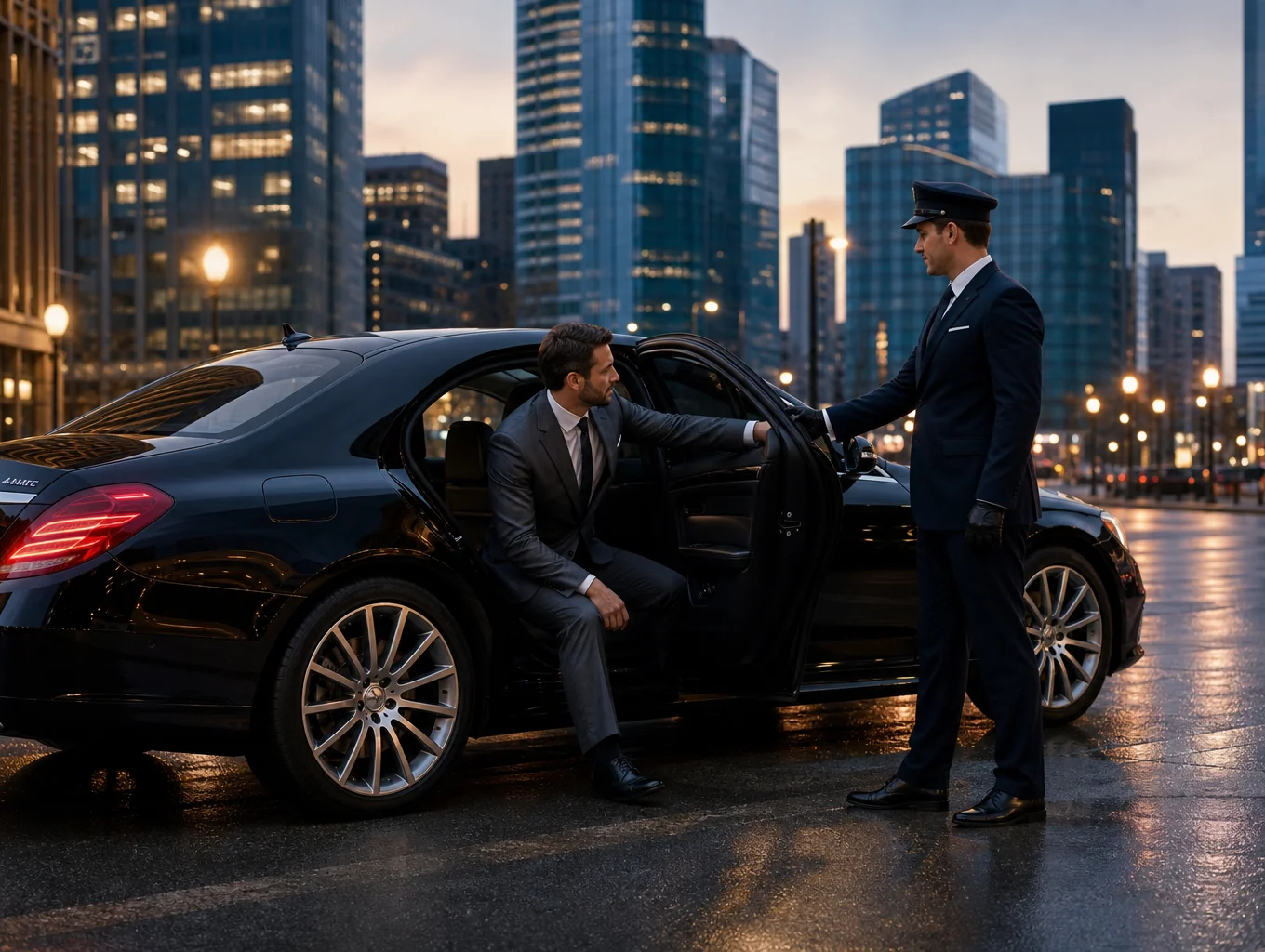 Executive black car driving through downtown Vancouver