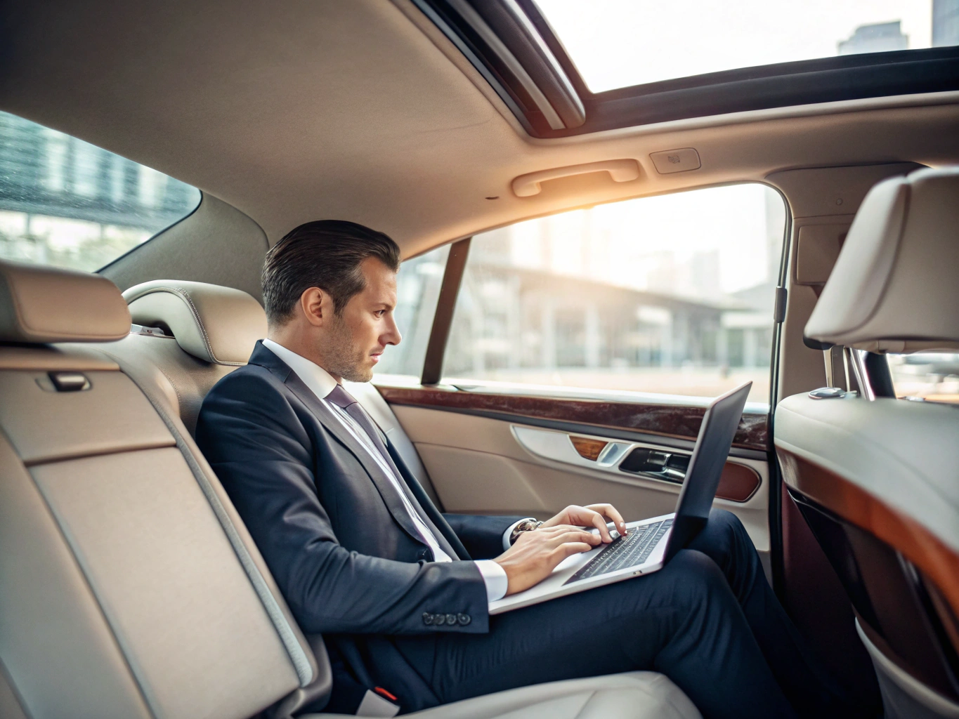 Executive working on tablet in the rear of a luxury black vehicle