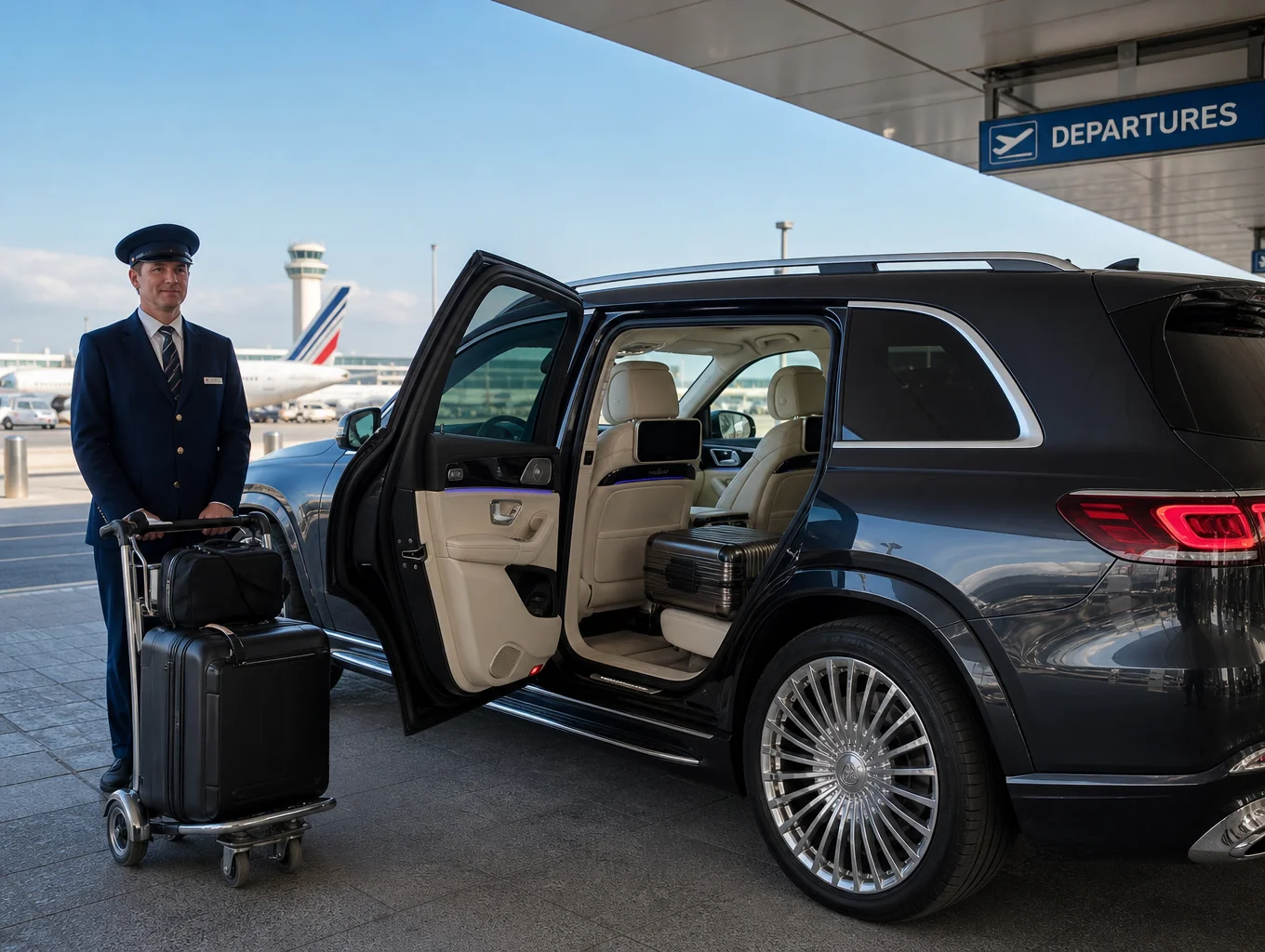 Luxury SUV parked near cruise terminal with ocean views