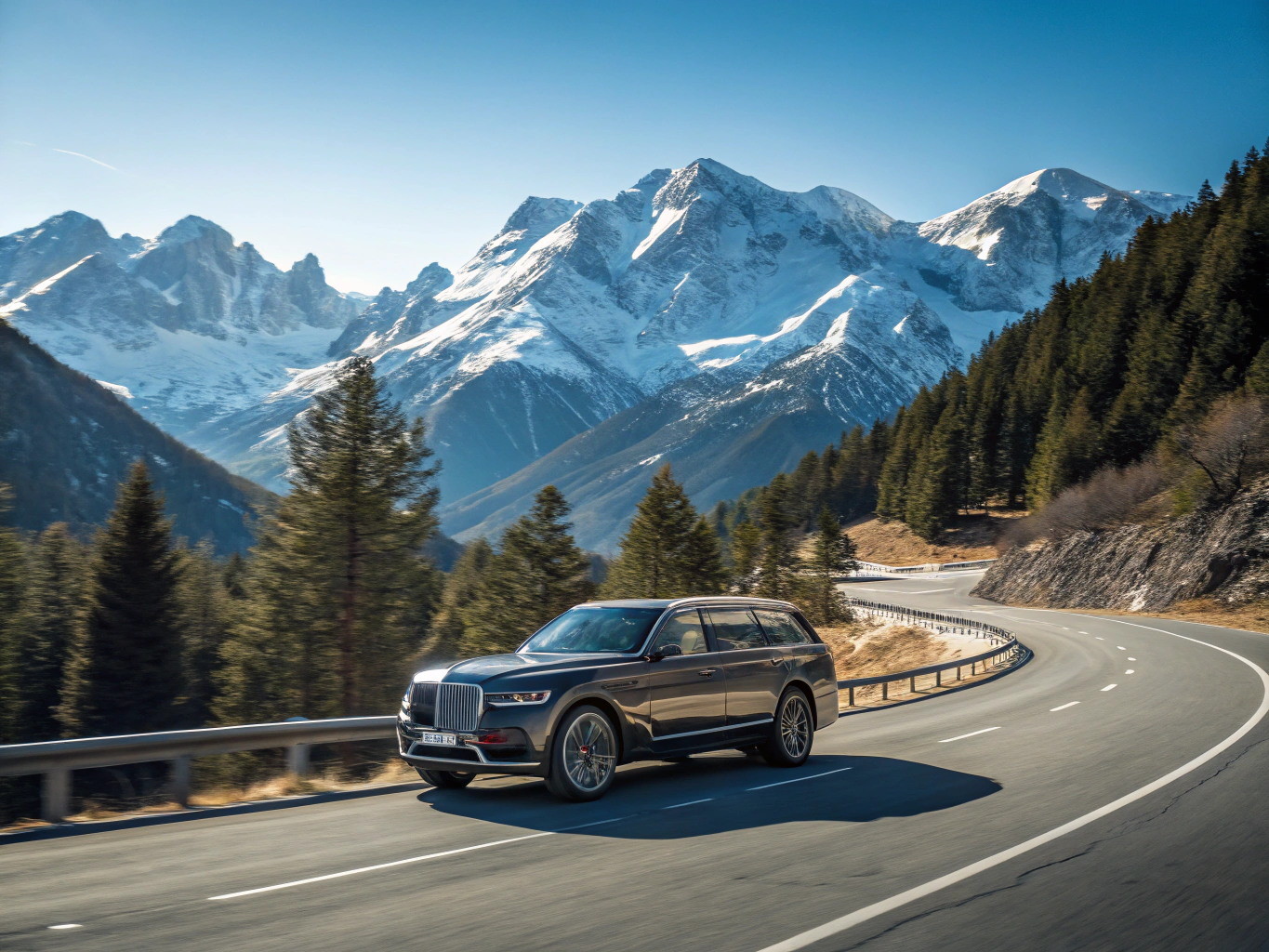 Luxury SUV travelling on the scenic Sea to Sky highway toward mountains