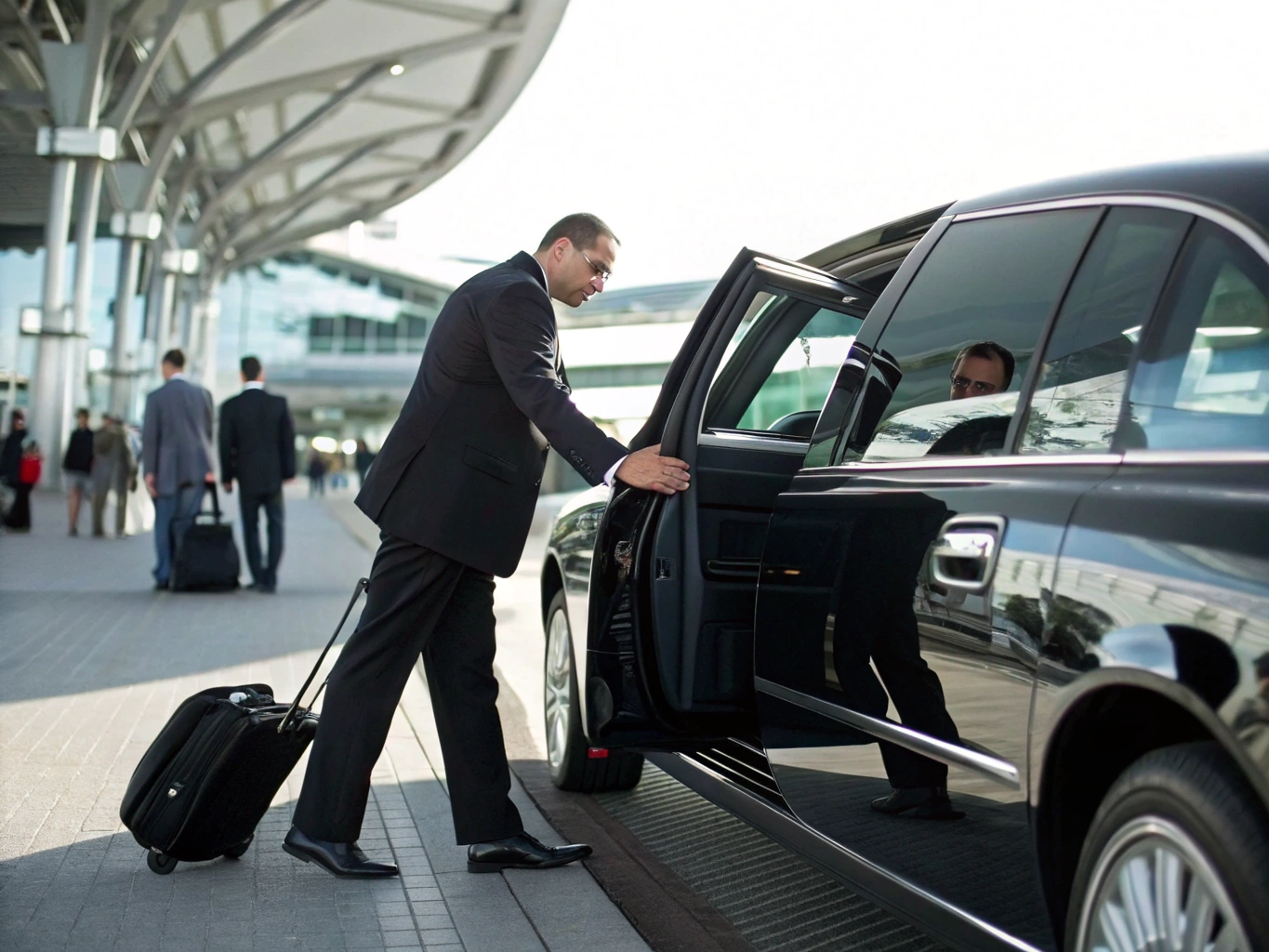 Luxury black sedan waiting at YVR airport terminal curbside